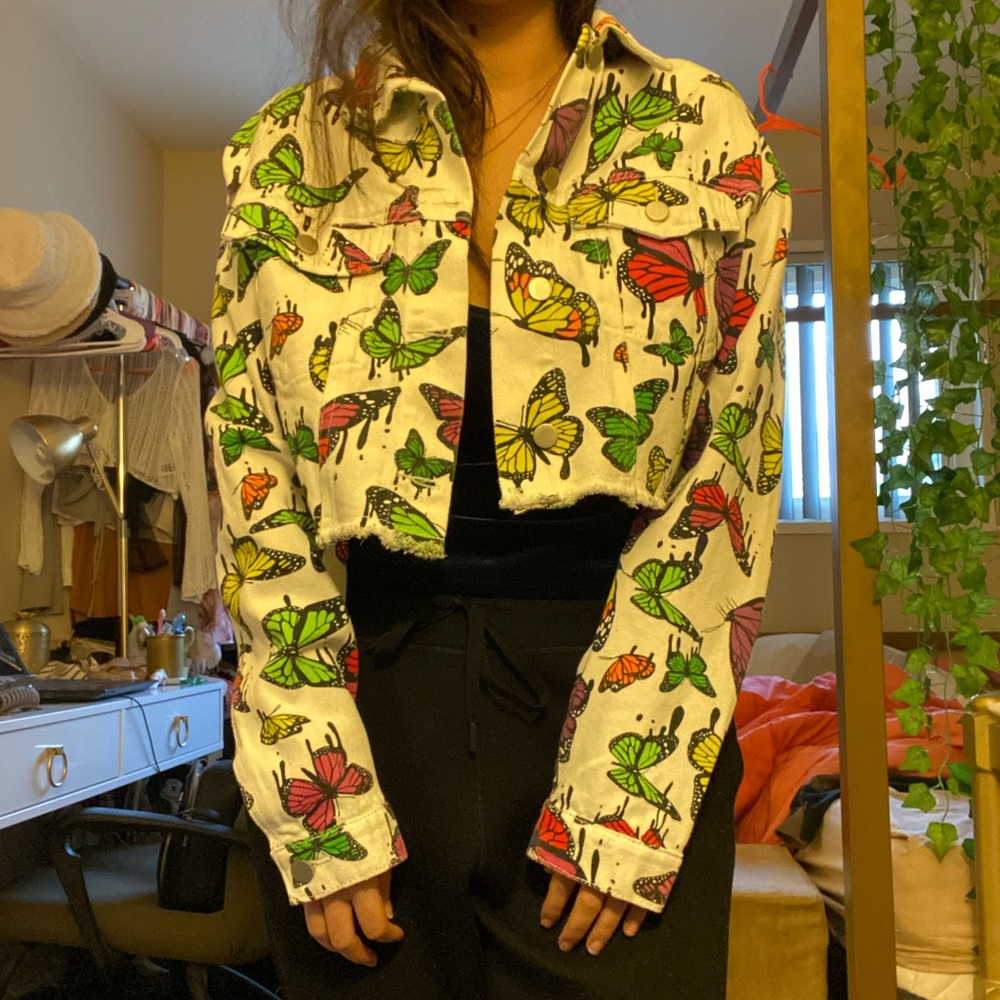 Shein colorful butterfly cropped denim jacket